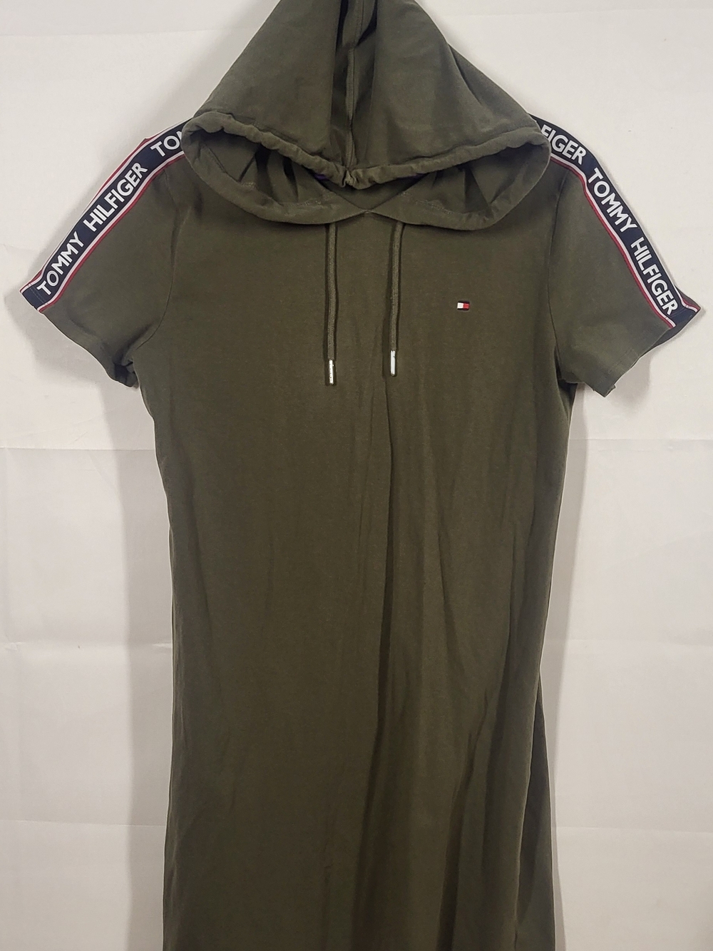 Tommy Hilfiger Olive Green Short Sleeve Hoodie Dress with Logo Tape
